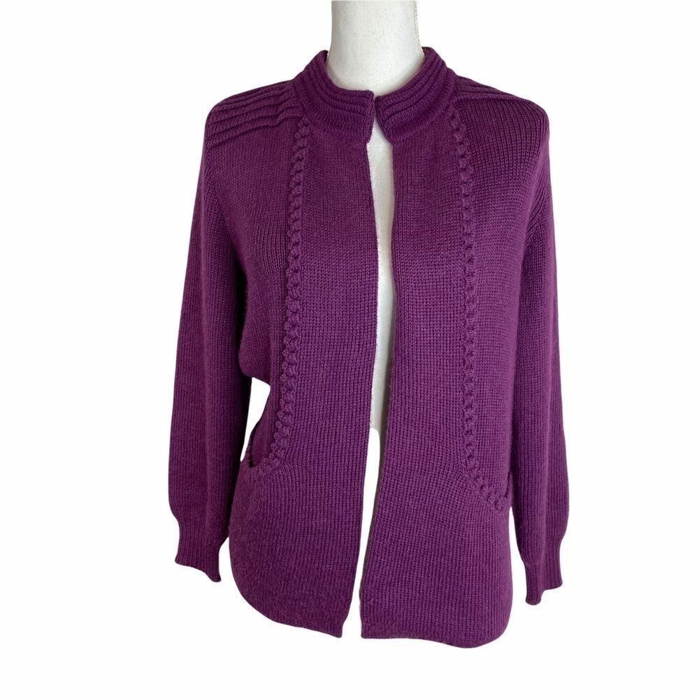 Designer Threads Eggplant Purple Cardigan Sweater 100% Alpaca Medium Pockets